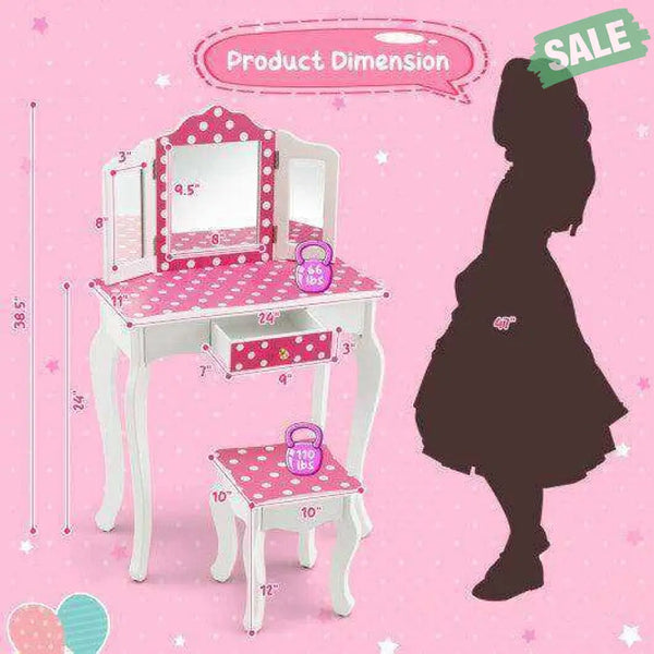 Kids Vanity Table and Stool Set with Cute Polka Dot Print-Pink Kids Vanities