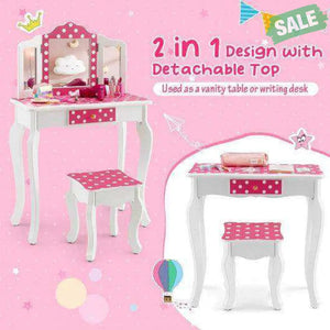 Kids Vanity Table and Stool Set with Cute Polka Dot Print-Pink Kids Vanities