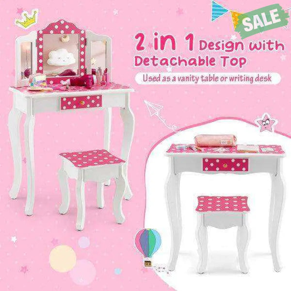Kids Vanity Table and Stool Set with Cute Polka Dot Print-Pink Kids Vanities