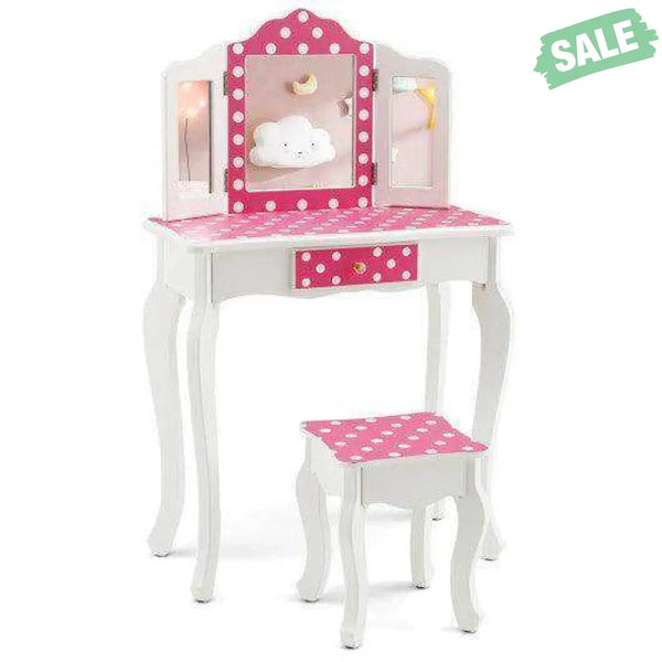 Kids Vanity Table and Stool Set with Cute Polka Dot Print-Pink Kids Vanities