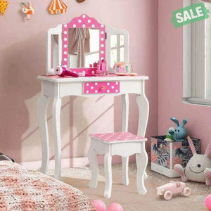 Kids Vanity Table and Stool Set with Cute Polka Dot Print-Pink Kids Vanities