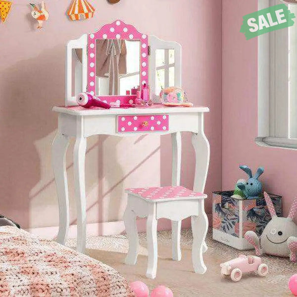 Kids Vanity Table and Stool Set with Cute Polka Dot Print-Pink Kids Vanities