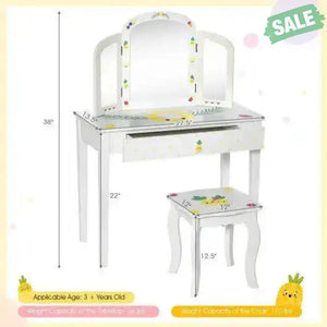 Kids Vanity Table Set with Tri-Folding Mirror and Large Drawer-White Kids Vanities
