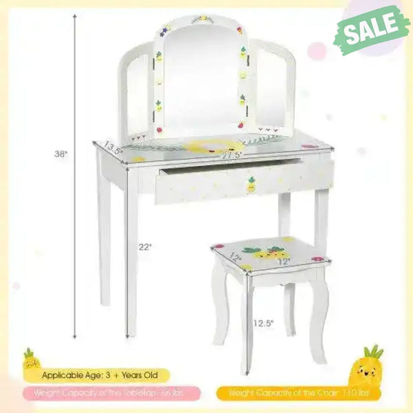 Kids Vanity Table Set with Tri-Folding Mirror and Large Drawer-White Kids Vanities