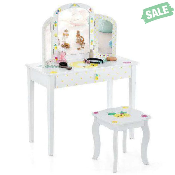 Kids Vanity Table Set with Tri-Folding Mirror and Large Drawer-White Kids Vanities