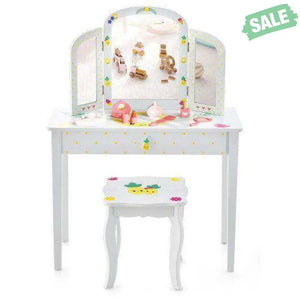 Kids Vanity Table Set with Tri-Folding Mirror and Large Drawer-White Kids Vanities