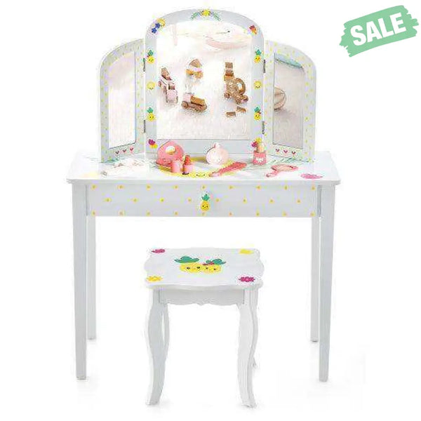 Kids Vanity Table Set with Tri-Folding Mirror and Large Drawer-White Kids Vanities