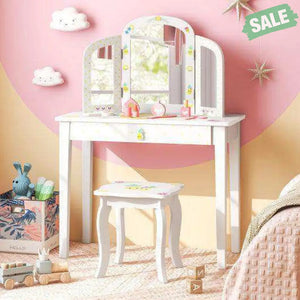 Kids Vanity Table Set with Tri-Folding Mirror and Large Drawer-White Kids Vanities