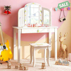 Kids Vanity Table Set with Tri-Folding Mirror and Large Drawer-White Kids Vanities