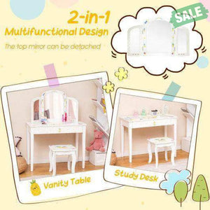Kids Vanity Table Set with Tri-Folding Mirror and Large Drawer-White Kids Vanities