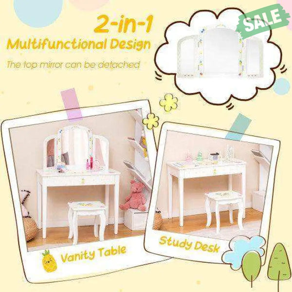 Kids Vanity Table Set with Tri-Folding Mirror and Large Drawer-White Kids Vanities