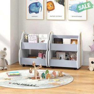 Kids Wooden Bookshelf with Universal Wheels-Gray