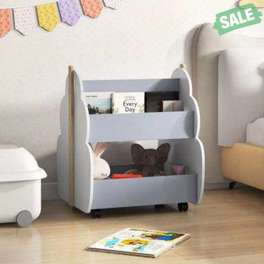 Kids Wooden Bookshelf with Universal Wheels-Gray