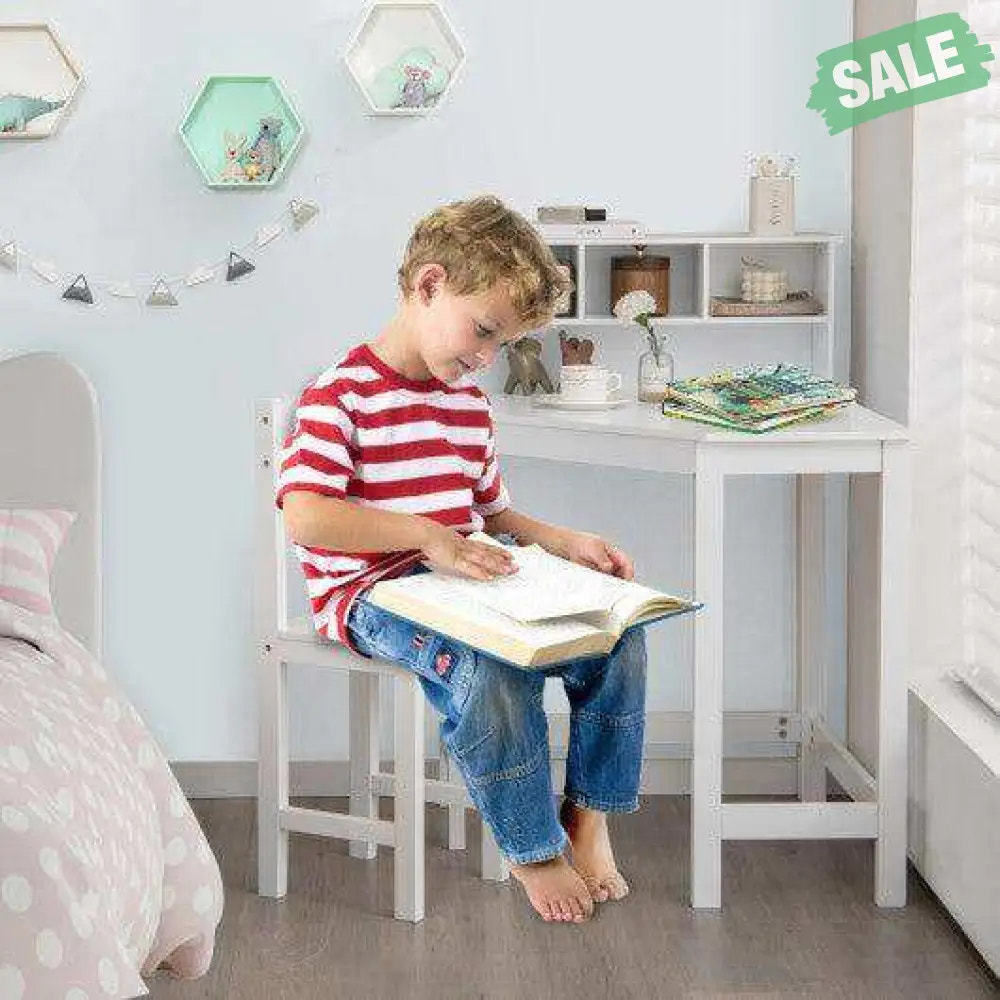 Kids Wooden Corner Desk and Chair Set with Hutch and Storage-White Kids Table & Chair Sets