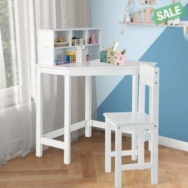 Kids Wooden Corner Desk and Chair Set with Hutch and Storage-White Kids Table & Chair Sets