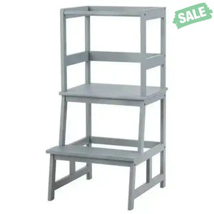 Kids Wooden Kitchen Step Stool with Safety Rail-Gray Brown Toddler & Kids Furniture