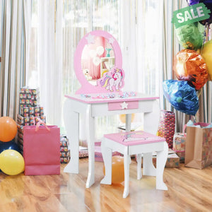 Kids Wooden Makeup Dressing Table and Chair Set with Mirror and Drawer-Pink Kids Vanities