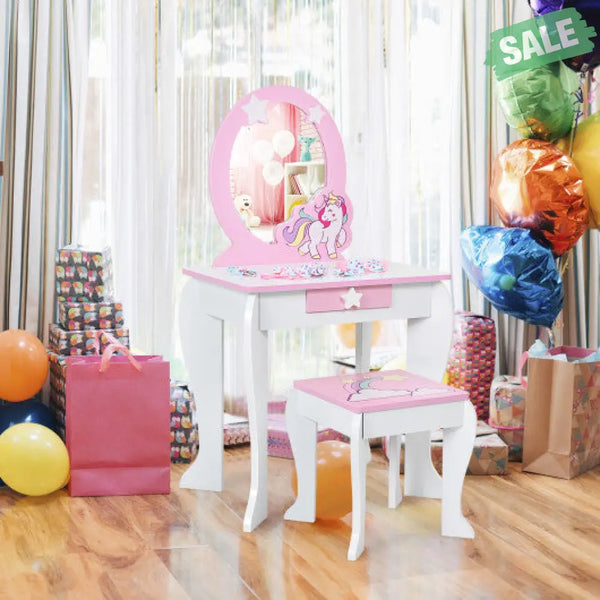 Kids Wooden Makeup Dressing Table and Chair Set with Mirror and Drawer-Pink Kids Vanities