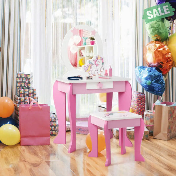 Kids Wooden Makeup Dressing Table and Chair Set with Mirror and Drawer-Pink Kids Vanities