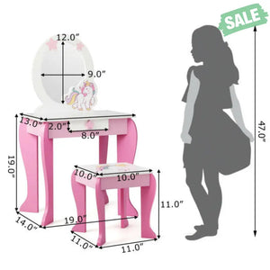 Kids Wooden Makeup Dressing Table and Chair Set with Mirror and Drawer-Pink Kids Vanities