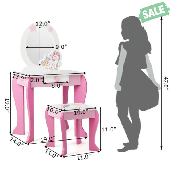 Kids Wooden Makeup Dressing Table and Chair Set with Mirror and Drawer-Pink Kids Vanities