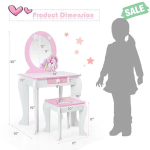 Kids Wooden Makeup Dressing Table and Chair Set with Mirror and Drawer-Pink Kids Vanities