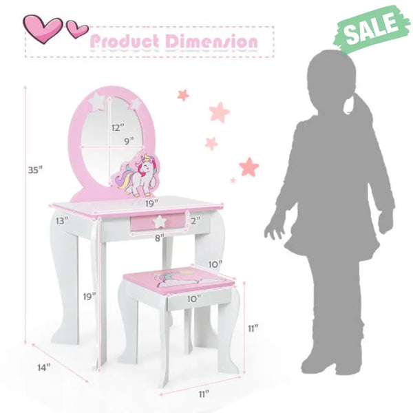 Kids Wooden Makeup Dressing Table and Chair Set with Mirror and Drawer-Pink Kids Vanities