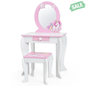Kids Wooden Makeup Dressing Table and Chair Set with Mirror and Drawer-Pink Kids Vanities