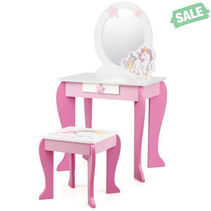 Kids Wooden Makeup Dressing Table and Chair Set with Mirror and Drawer-Pink Kids Vanities