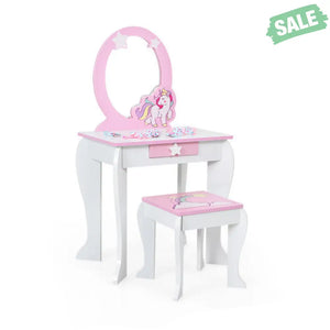 Kids Wooden Makeup Dressing Table and Chair Set with Mirror and Drawer-Pink Kids Vanities