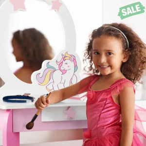 Kids Wooden Makeup Dressing Table and Chair Set with Mirror and Drawer-Pink Kids Vanities