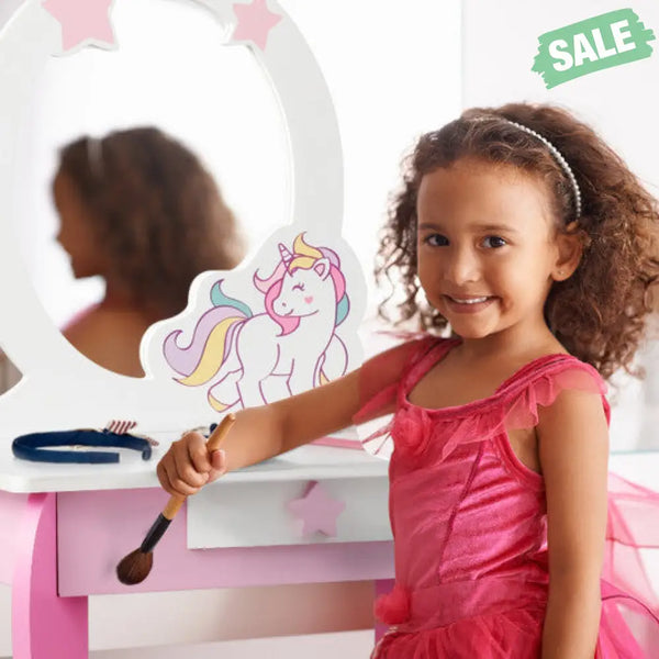 Kids Wooden Makeup Dressing Table and Chair Set with Mirror and Drawer-Pink Kids Vanities