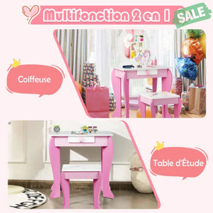 Kids Wooden Makeup Dressing Table and Chair Set with Mirror and Drawer-Pink Pink Kids Vanities