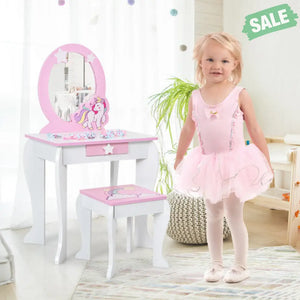 Kids Wooden Makeup Dressing Table and Chair Set with Mirror and Drawer-Pink Kids Vanities