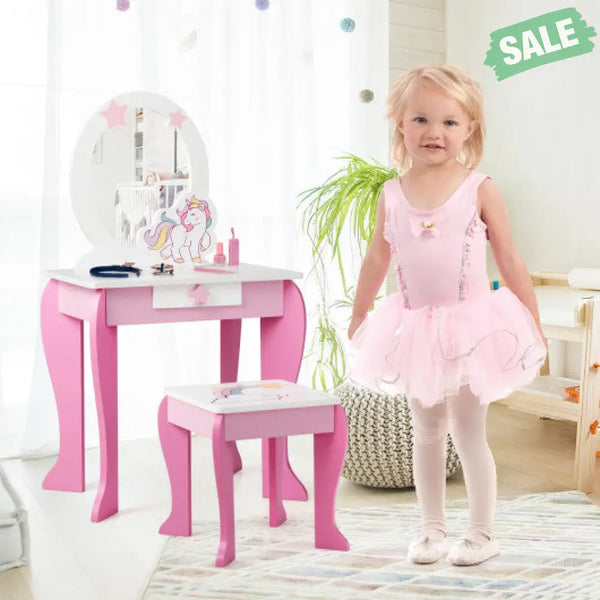 Kids Wooden Makeup Dressing Table and Chair Set with Mirror and Drawer-Pink Kids Vanities