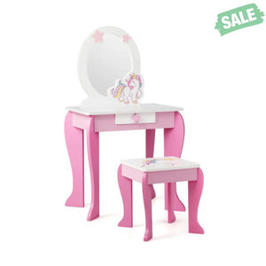 Kids Wooden Makeup Dressing Table and Chair Set with Mirror and Drawer-Pink Kids Vanities