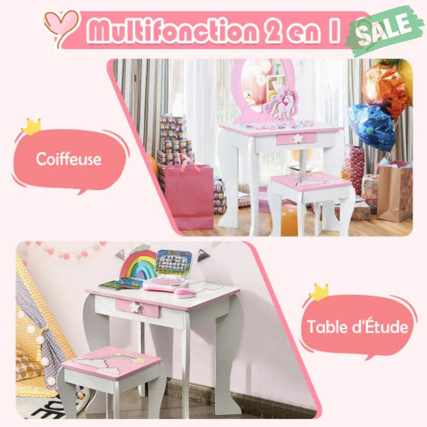 Kids Wooden Makeup Dressing Table and Chair Set with Mirror and Drawer-Pink White Kids Vanities