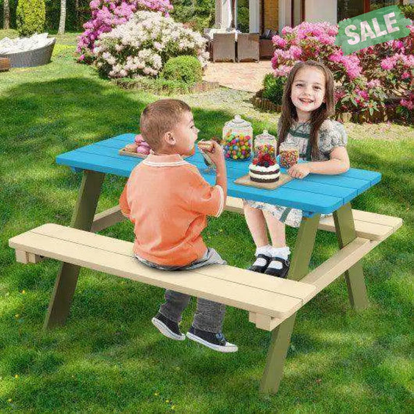 Kids Wooden Picnic Table Set Toddler Activity and Dining Table with Built-in Benches Kids Table & Chair Sets