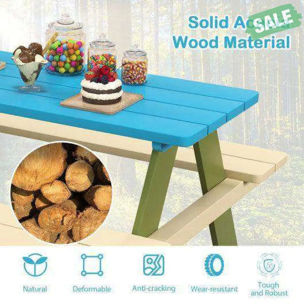 Kids Wooden Picnic Table Set Toddler Activity and Dining Table with Built-in Benches Kids Table & Chair Sets