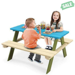 Kids Wooden Picnic Table Set Toddler Activity and Dining Table with Built-in Benches Kids Table & Chair Sets