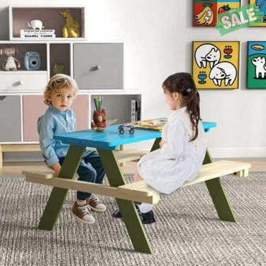 Kids Wooden Picnic Table Set Toddler Activity and Dining Table with Built-in Benches Kids Table & Chair Sets