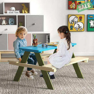 Kids Wooden Picnic Table Set Toddler Activity and Dining Table with Built-in Benches Kids Table & Chair Sets