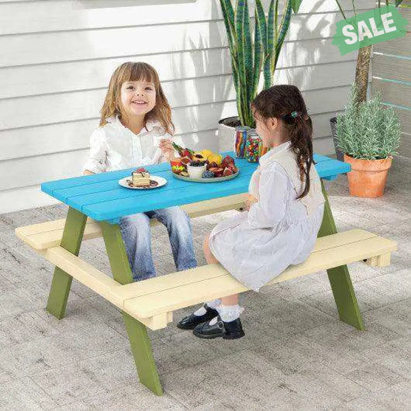 Kids Wooden Picnic Table Set Toddler Activity and Dining Table with Built-in Benches Kids Table & Chair Sets