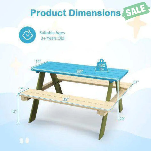 Kids Wooden Picnic Table Set Toddler Activity and Dining Table with Built-in Benches Kids Table & Chair Sets