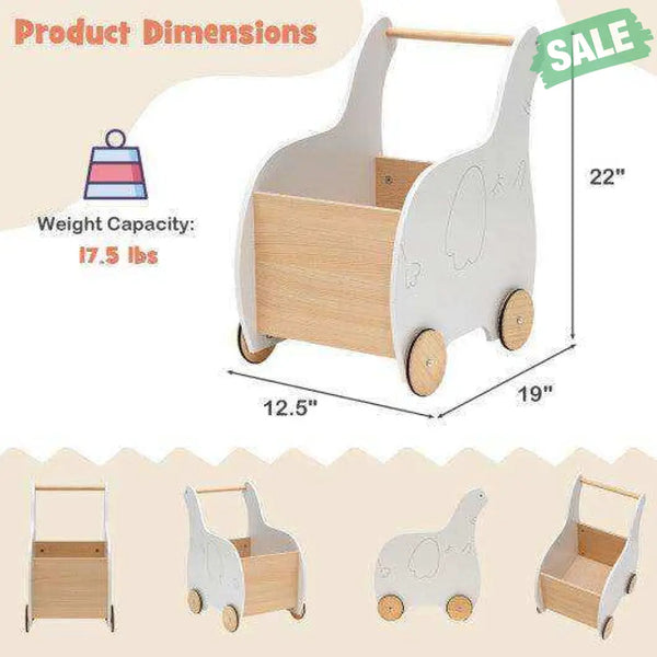 Kids Wooden Shopping Cart with Rubber Wheels Kids Storage