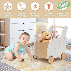 Kids Wooden Shopping Cart with Rubber Wheels Kids Storage