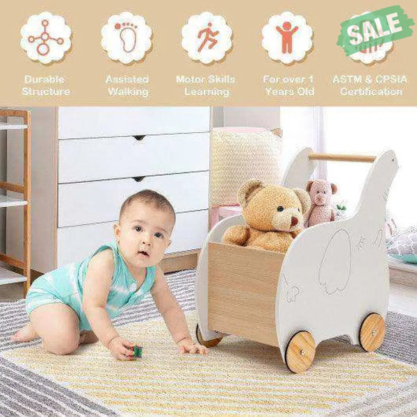 Kids Wooden Shopping Cart with Rubber Wheels Kids Storage
