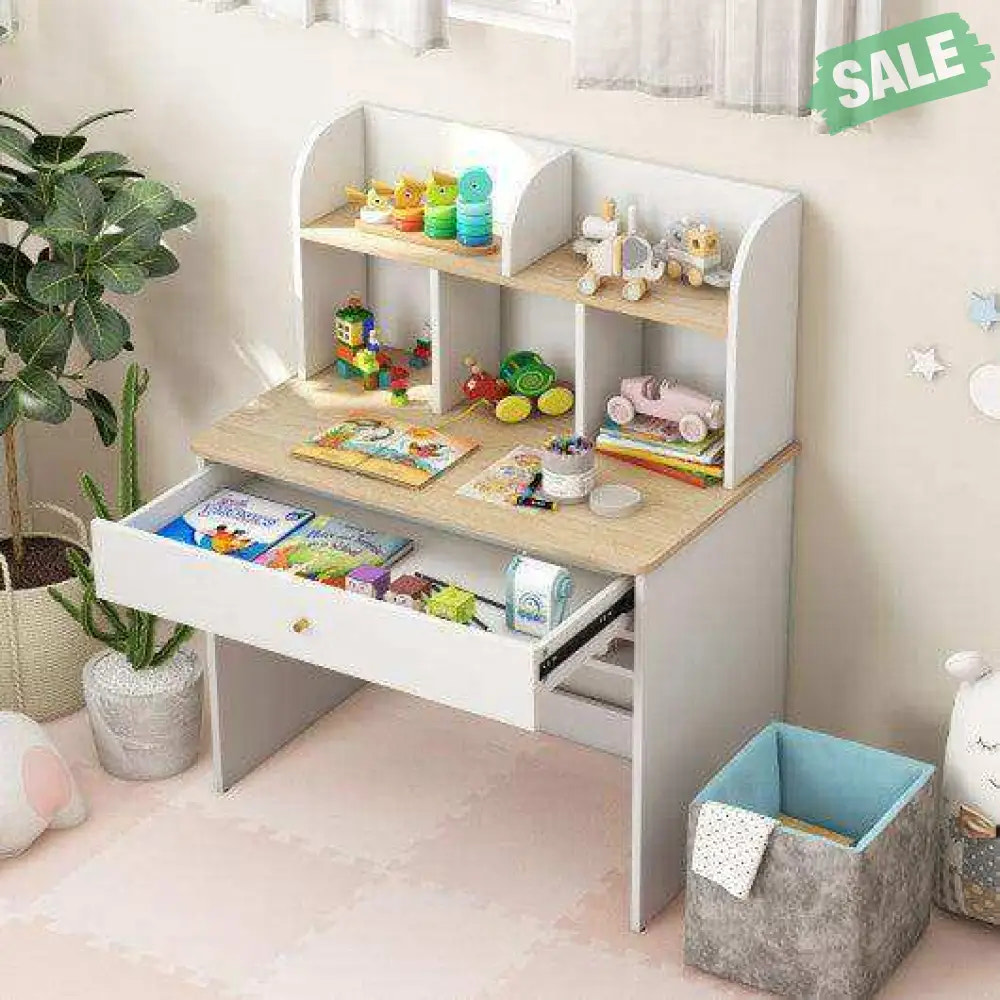 Kids Wooden Study Desk Writing Table with Hutch and Drawer Kids Table & Chair Sets