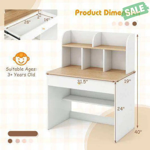Kids Wooden Study Desk Writing Table with Hutch and Drawer Kids Table & Chair Sets