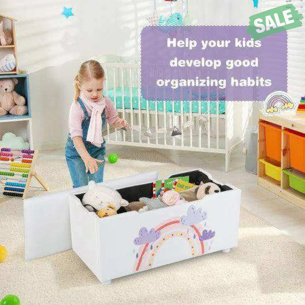 Kids Wooden Upholstered Toy Storage Box with Removable Lid-White Blue Kids Storage